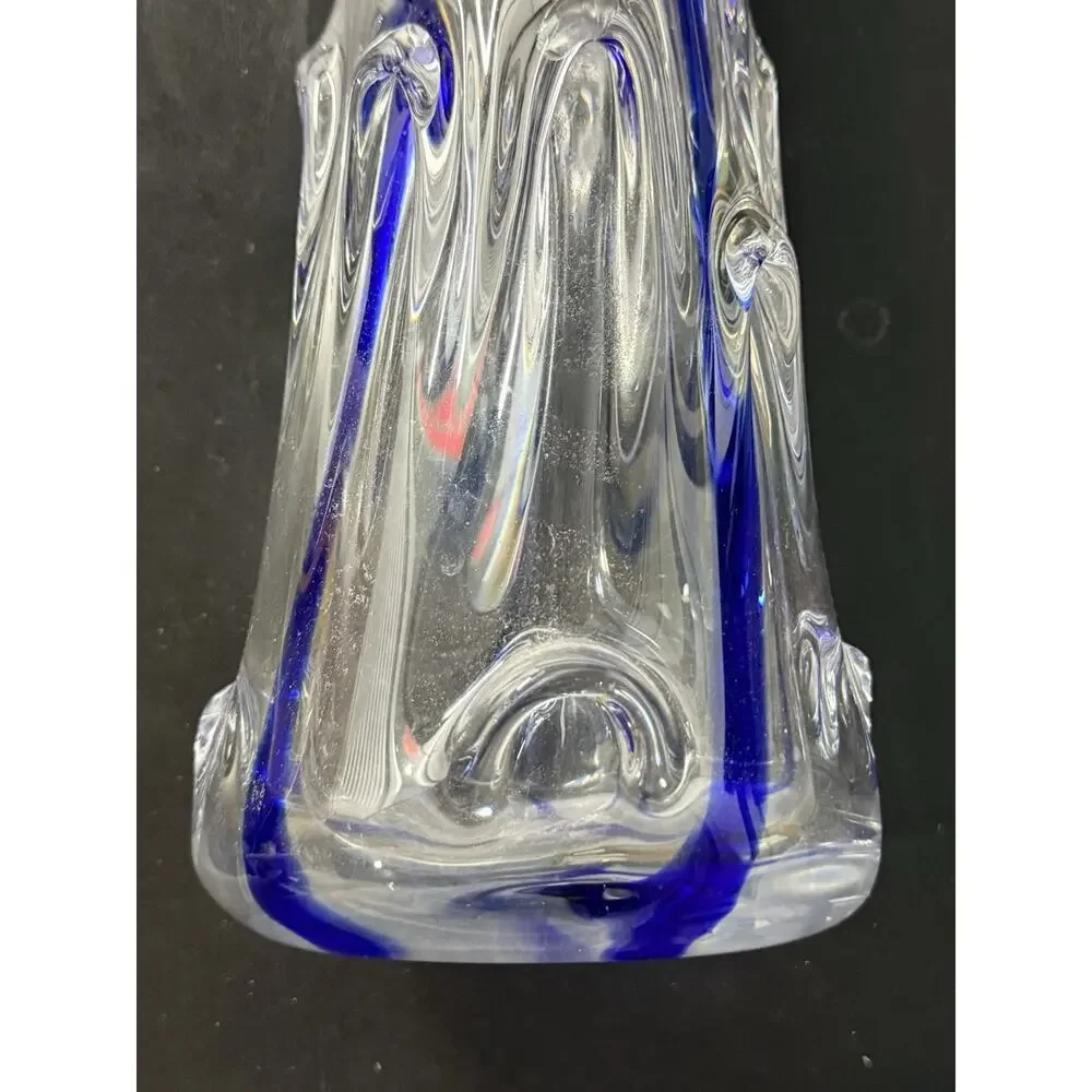 Heavy Art Glass Vase with Cobalt Blue Stripe – 10” Tall